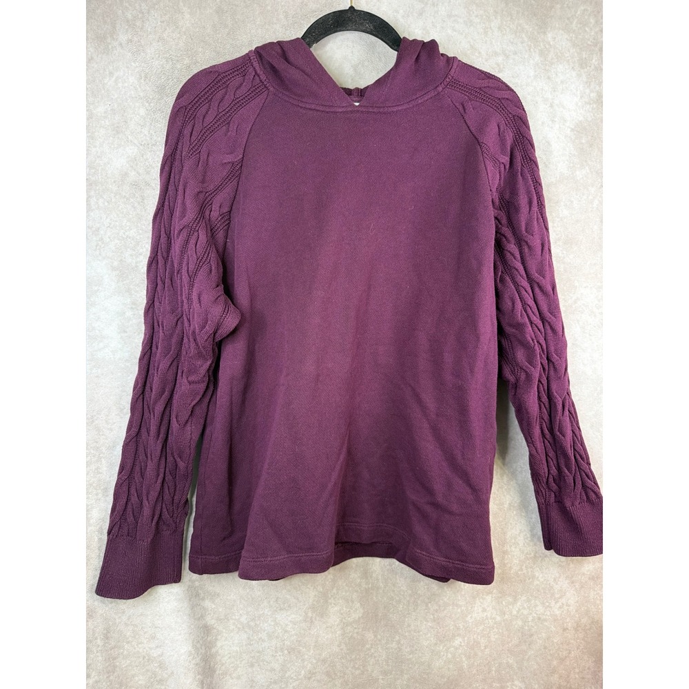J. Jill Hoodie Sweater Women Medium Plum Cable Knit Raglan Sleeve Mixed Media